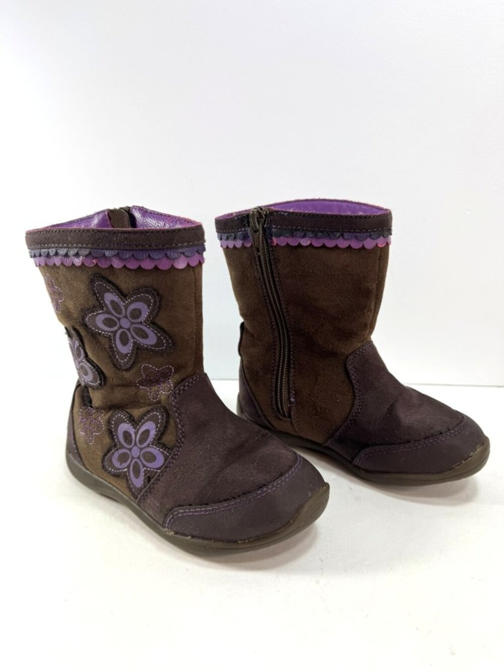 Surprize Toddler Brown & Purple Flower Side Zip Boots sz 9